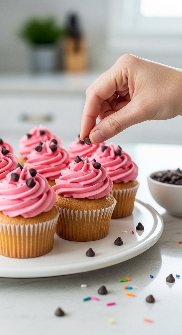 Hand Pressing Dark Chocolate Seeds Into Pink Frosting On A Watermelon Cupcake Cake.