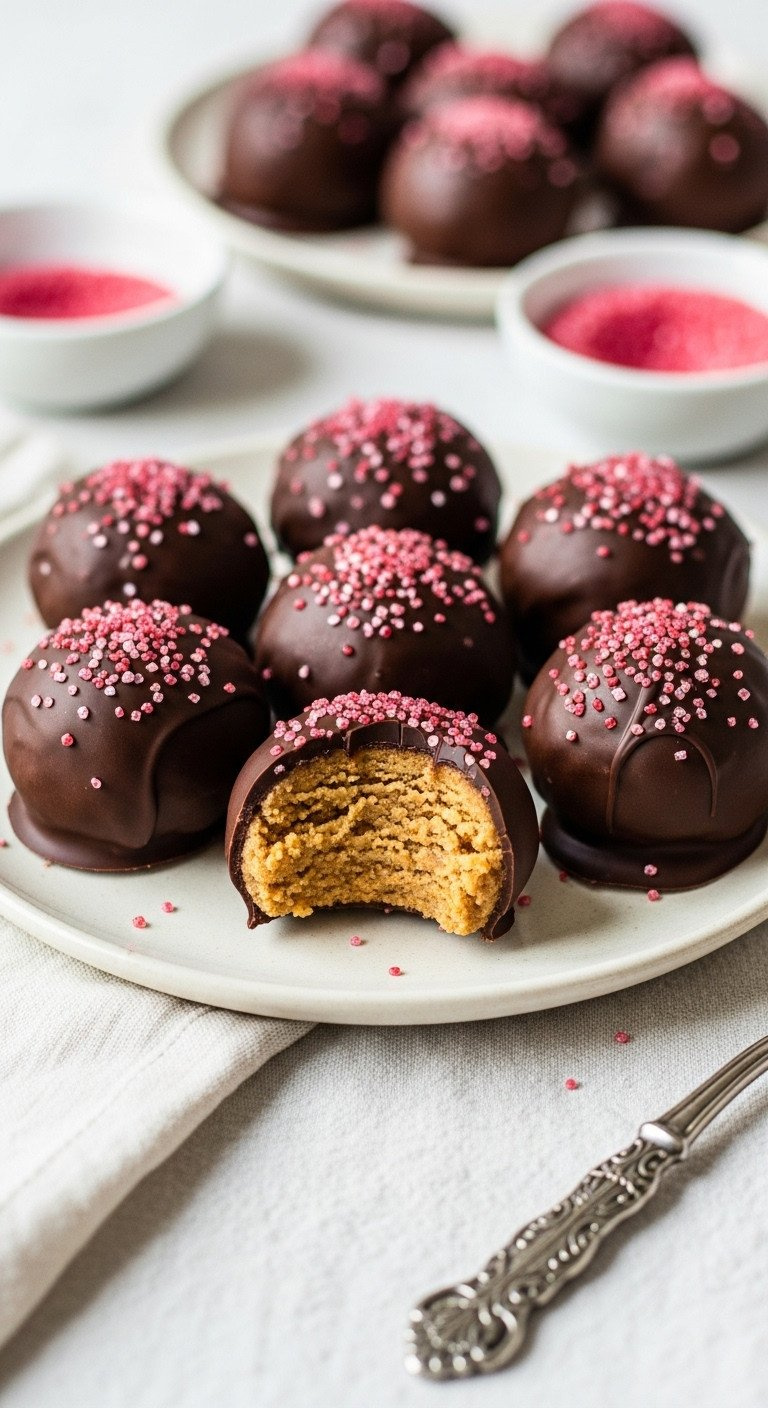 Hand-Rolled Peanut Butter Truffles, Half-Dipped In Dark Chocolate And Topped With Red Sugar, On A Vintage Ceramic Plate.