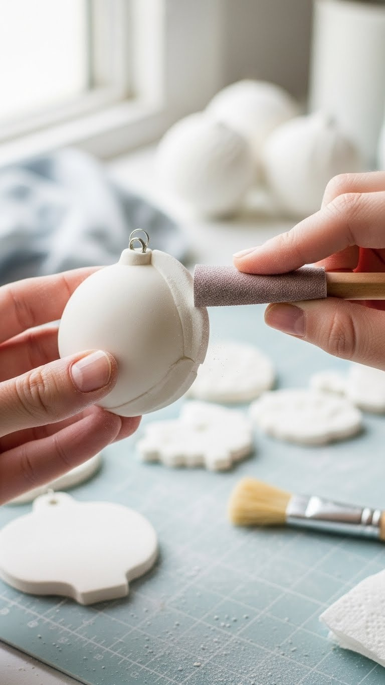 Hand Sanding Edge Of Dried White Baking Soda Clay Ornament With Fine-Grit Sanding Block Creating Dust