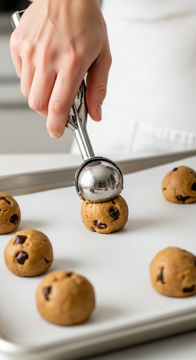 Hand Scooping Brown Butter Chocolate Chip Cookie Dough Onto A Parchment Baking Sheet.