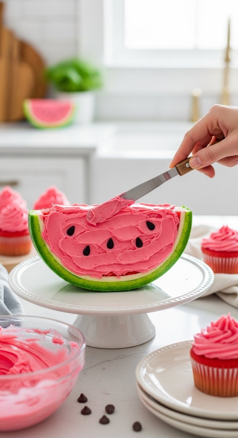 Hand Smoothing Vibrant Pink Buttercream Frosting Over Cupcakes With A Small Offset Spatula.