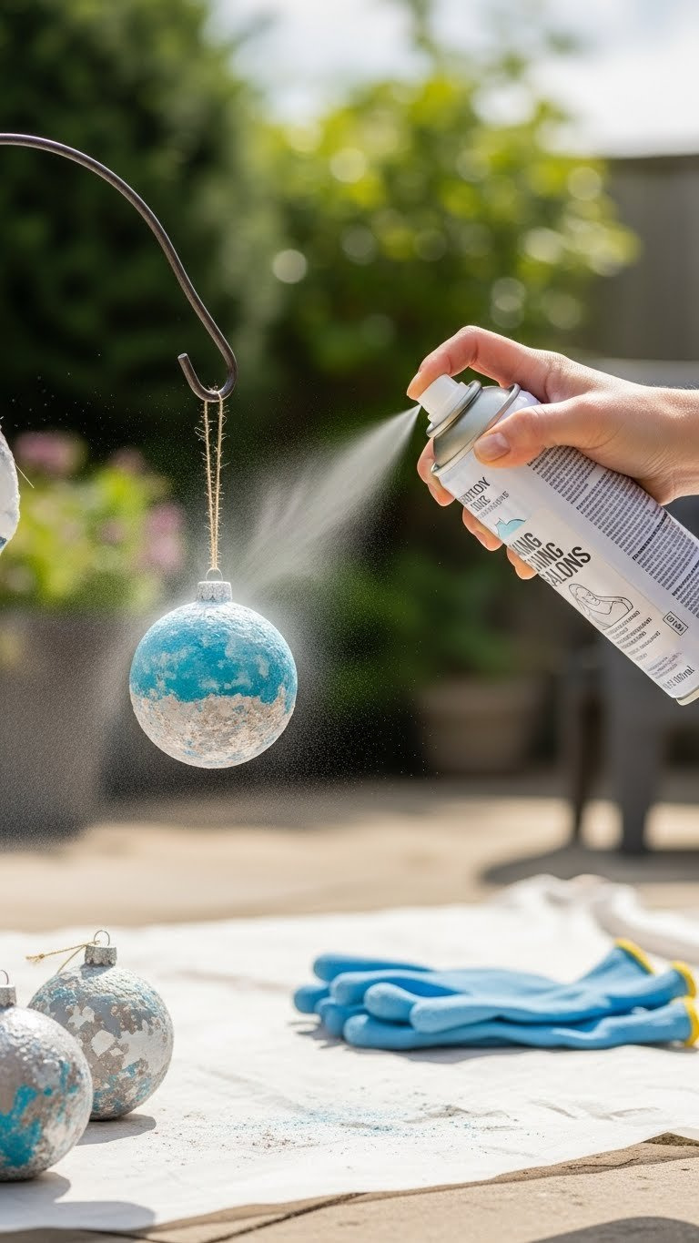 Hand Spraying Matte Sealant On Textured Baking Soda Ornament Suspended By Hook With Visible Fine Mist Halo