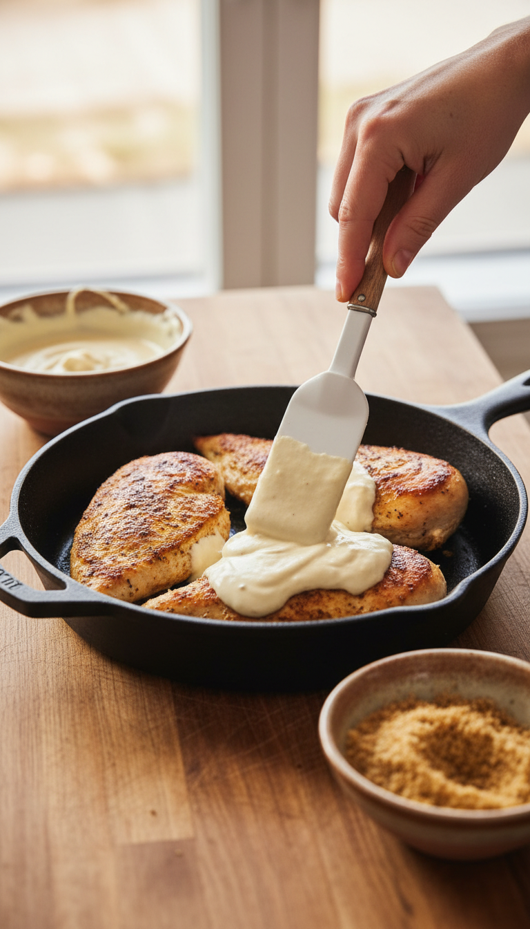 Hand Spreading Creamy Cheese Sauce Onto Golden-Seared Chicken Breasts In A Cast Iron Skillet.