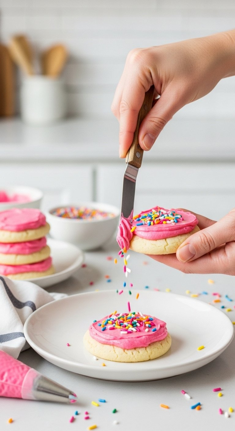 Hand Spreading Pink Buttercream Frosting On A Sugar Cookie While Adding Colorful Rainbow Sprinkles.