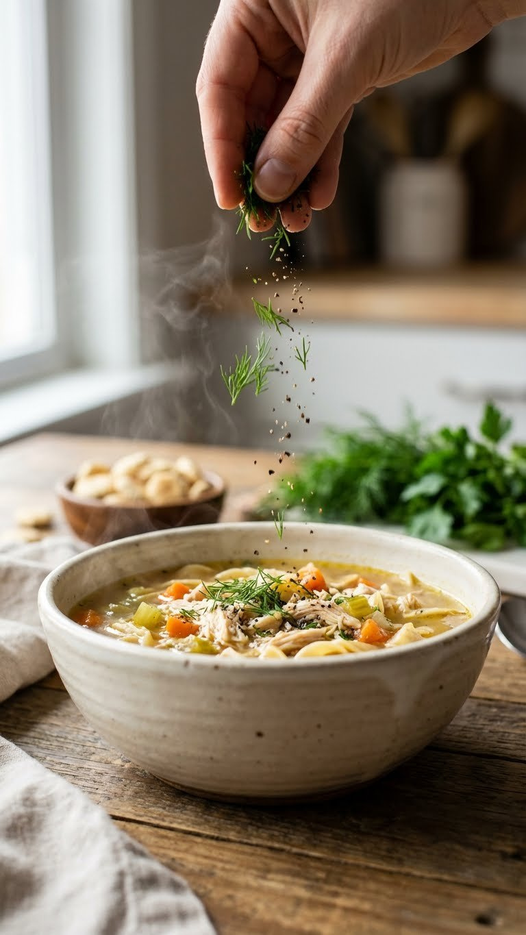Hand Sprinkles Fresh Dill And Black Pepper Over Steaming Instant Pot Chicken Noodle Soup With Shredded Chicken And Vibrant Vegetables.