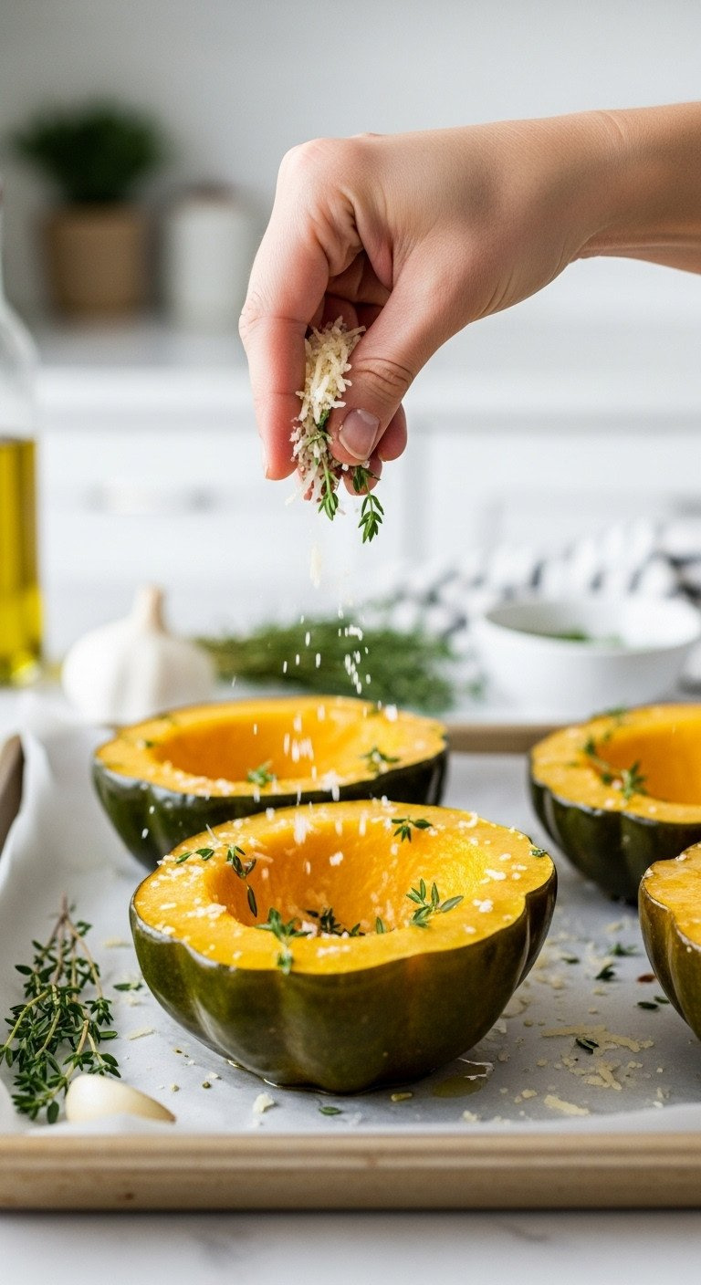Hand Sprinkling Parmesan Cheese And Fresh Herbs On An Olive Oil-Brushed Acorn Squash Half For Savory Roasting.