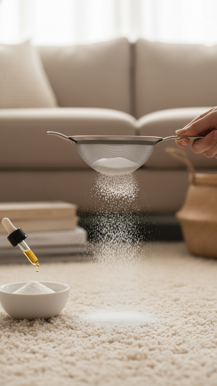 Hand Sprinkling Baking Soda Powder From Mesh Sifter Onto Cream-Colored Carpet For Natural Deodorizing Cleaning Method.
