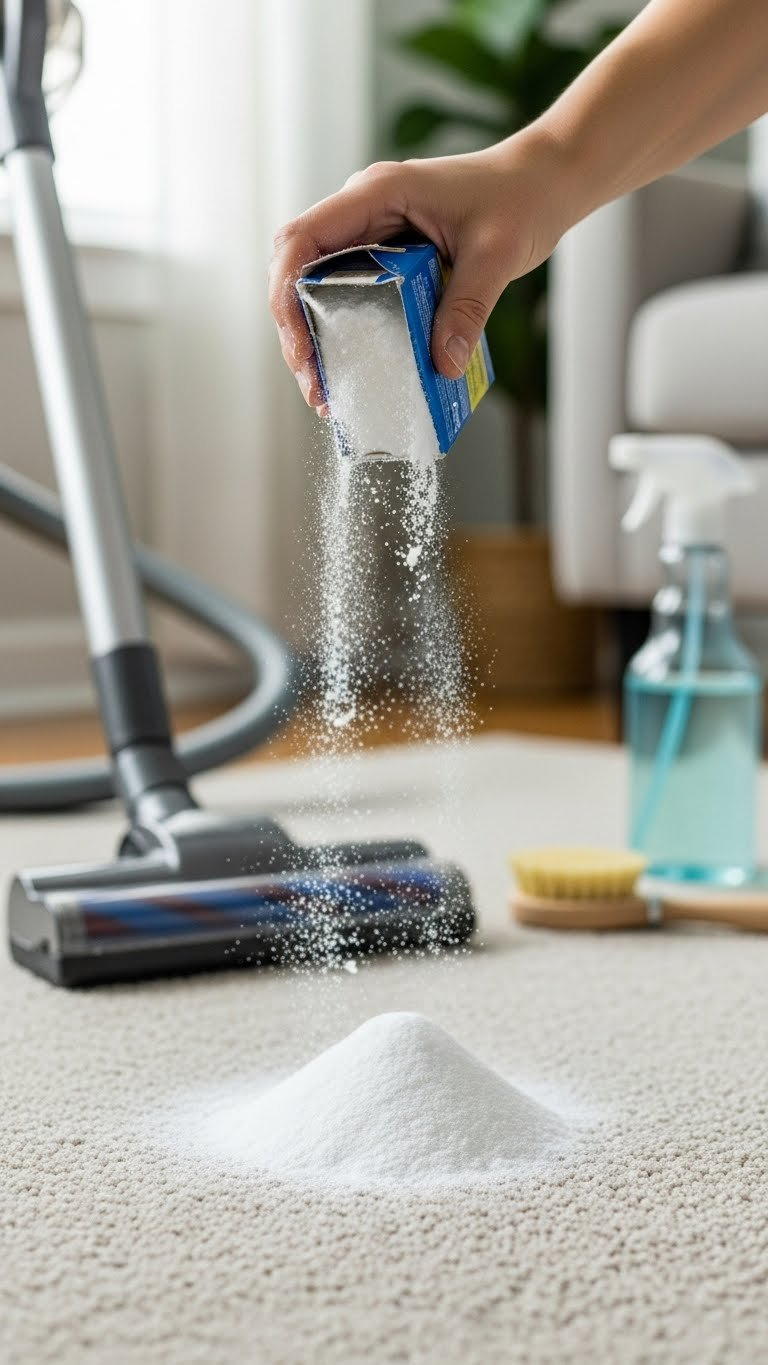 Hand Sprinkling Baking Soda Powder Onto Plush Carpet Fibers With Vacuum Cleaner Visible In Blurred Background.