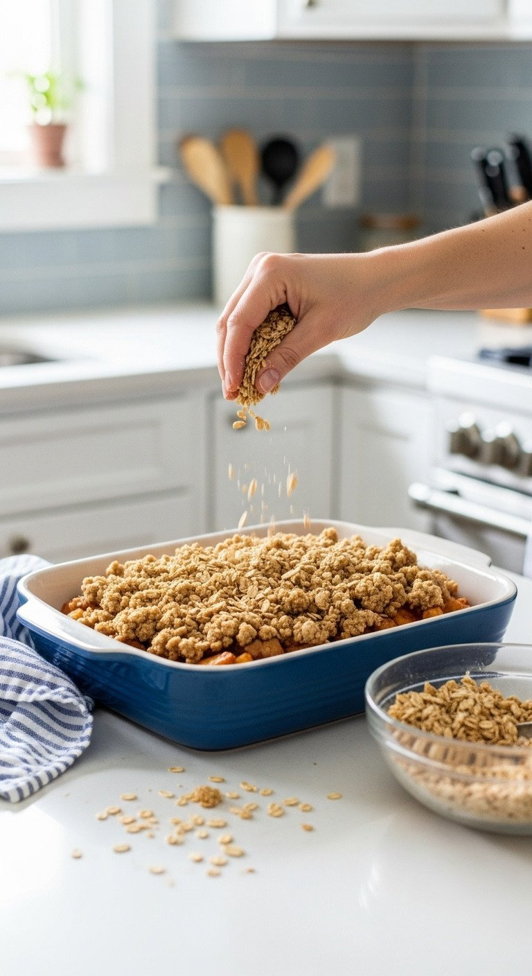 Hand Sprinkling Crumbly Oat Topping Onto Spiced Apples In A 9X13 Ceramic Baking Dish. Assembling Apple Crisp.