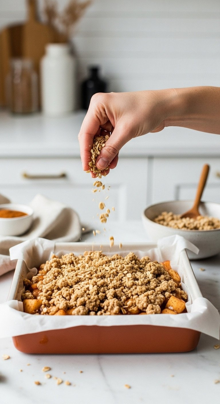 Hand Sprinkling Crumbly Oat Topping Over Spiced Apple Filling In An 8X8 Baking Dish, Assembling Apple Crisp.