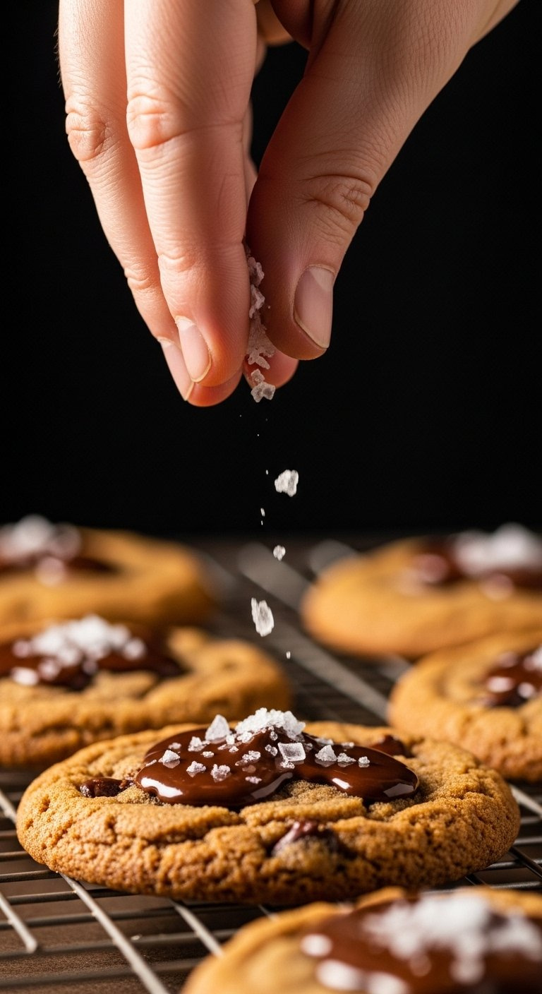 Hand Sprinkling Flaky Sea Salt Crystals Onto A Warm Chocolate Chip Cookie.