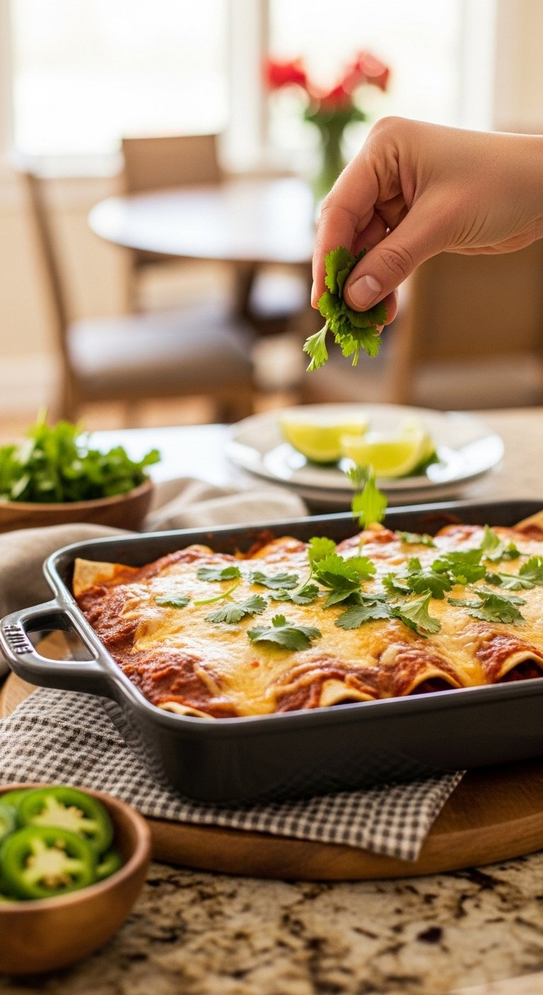 Hand Sprinkling Fresh Chopped Cilantro Garnish Over A Hot Baked Pan Of Cheesy Chicken Enchiladas.