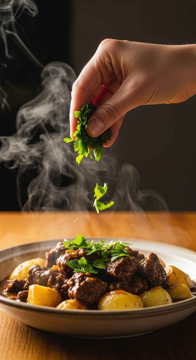 Hand Sprinkling Fresh Chopped Parsley Over A Rustic Bowl Of Garlic Butter Beef And Potatoes.