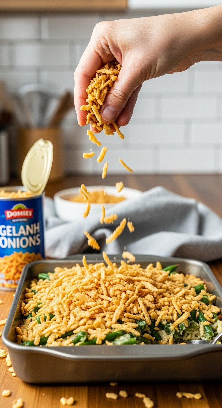 Hand Sprinkling Golden Crispy French-Fried Onions Over A Hot, Bubbling Green Bean Casserole On A Wooden Countertop.