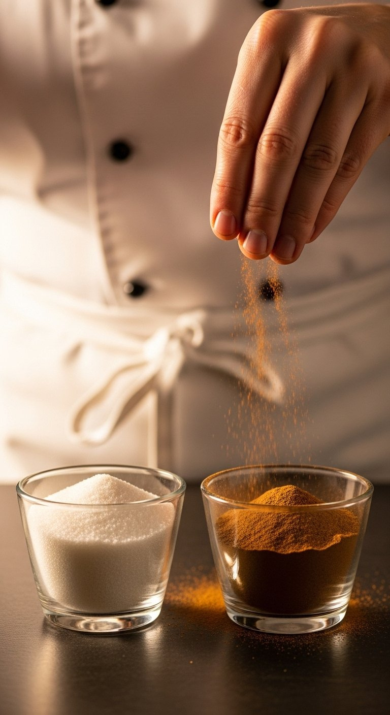Hand Sprinkling Ground Cinnamon Into A Bowl Of Granulated Sugar For Snickerdoodle Coating.