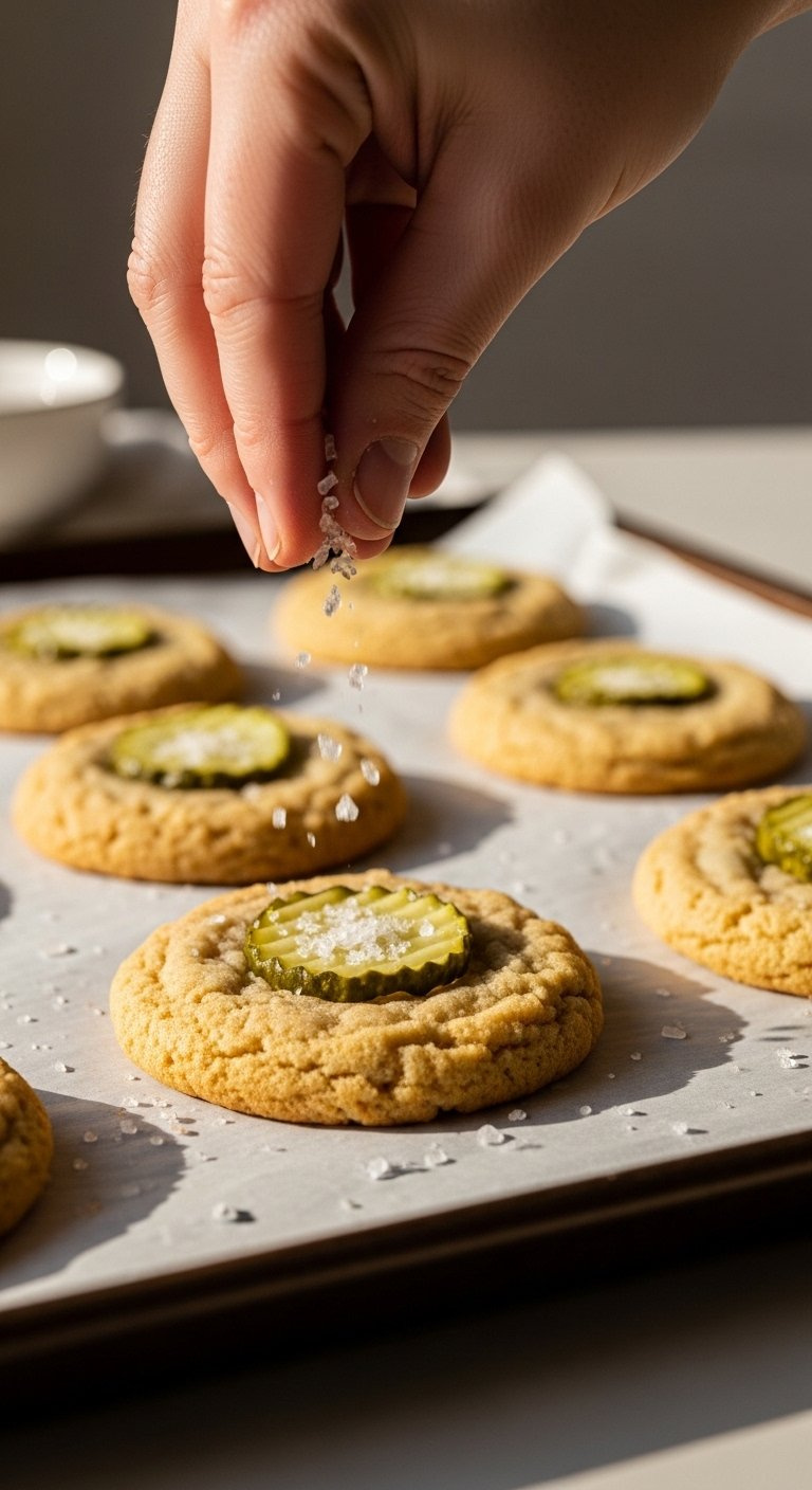 Hand Sprinkling Large Flaky Sea Salt Crystals Onto A Freshly Baked Golden-Brown Pickle Cookie On A Baking Sheet.