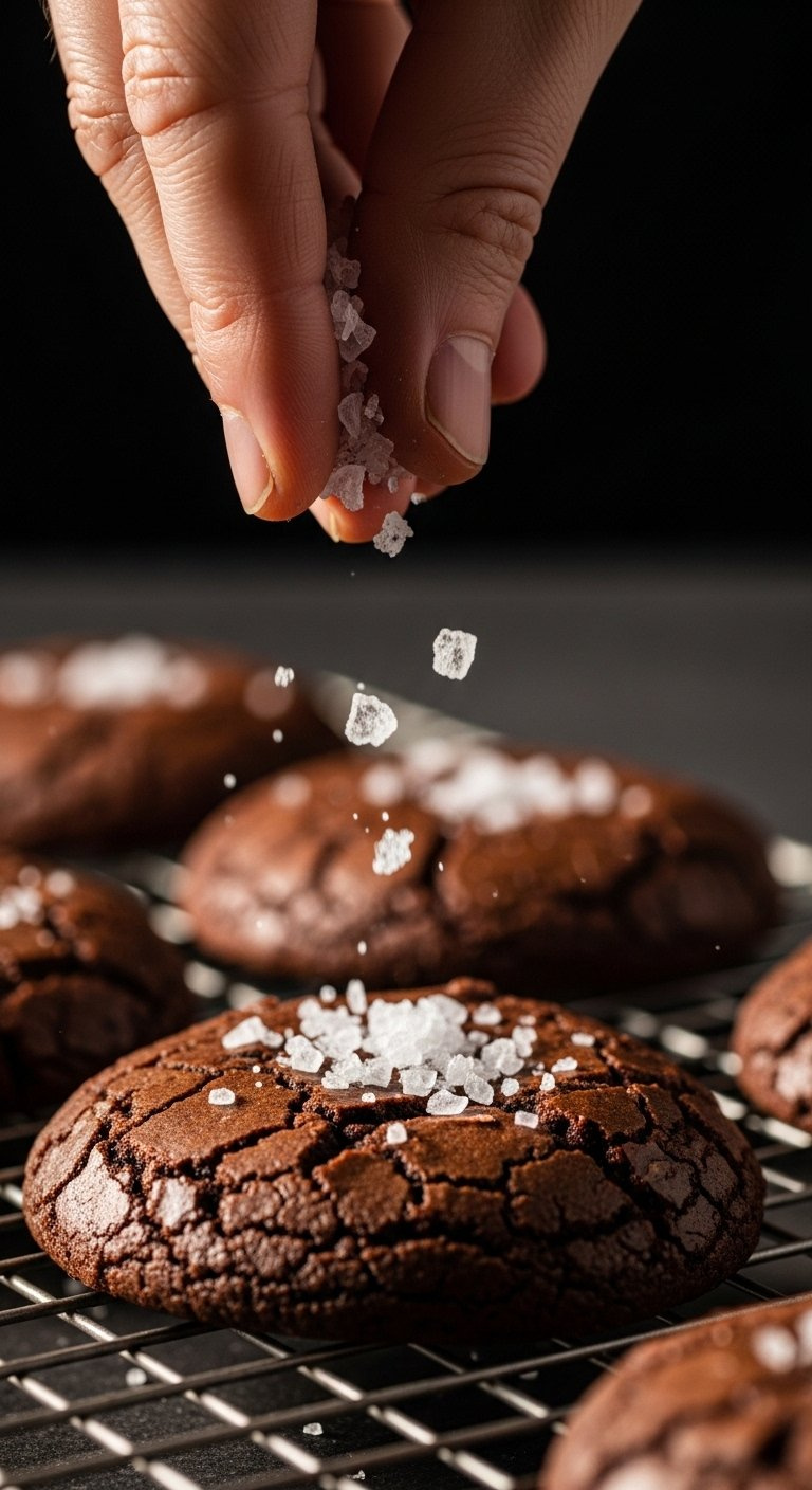 Hand Sprinkling Large Pyramid Sea Salt Flakes Onto A Warm Dark Chocolate Brownie Cookie.