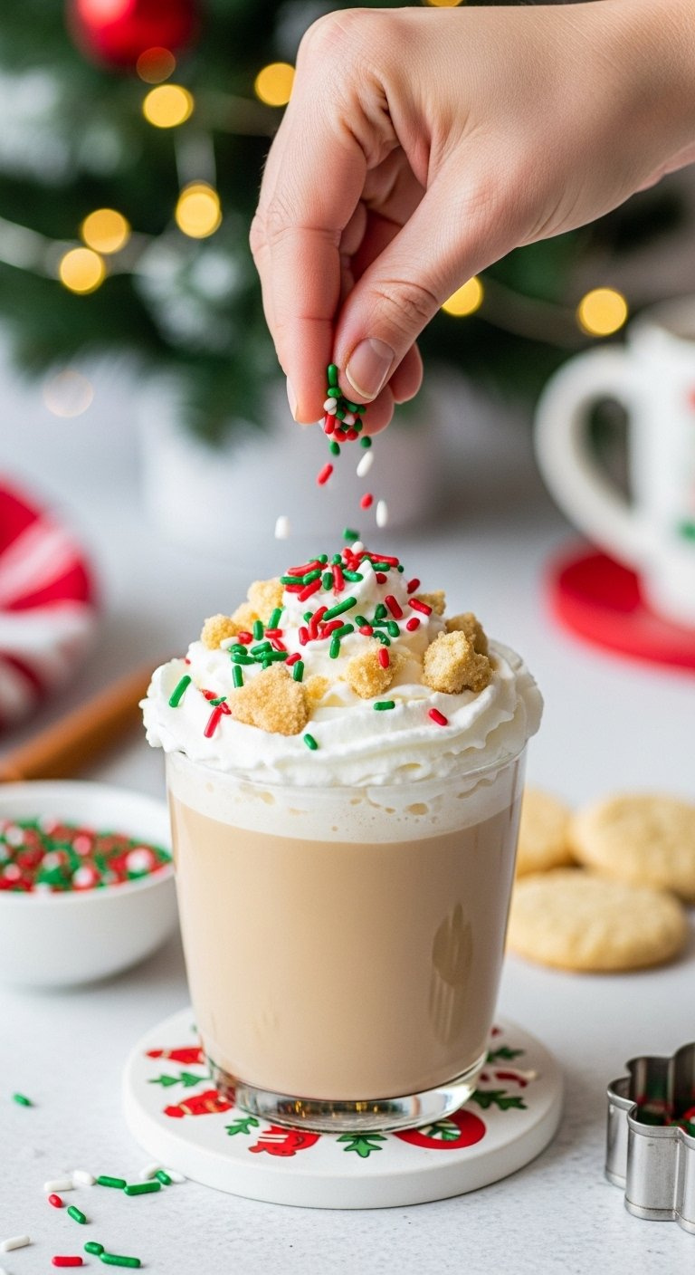 Hand Sprinkling Red And Green Holiday Toppings Onto A Whipped Cream Latte With Festive Background Bokeh.