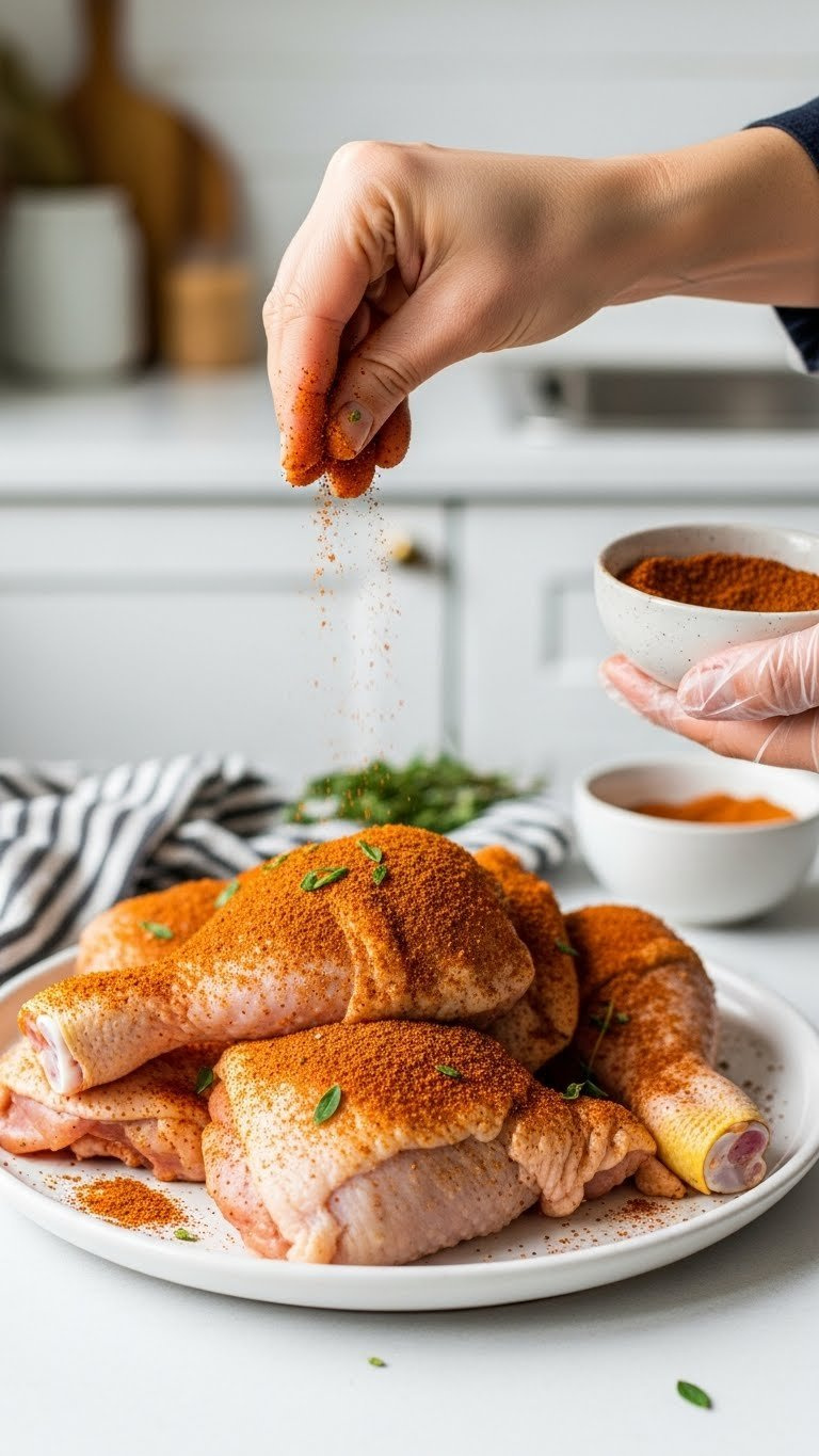 Hand Sprinkling Reddish-Brown Spice Rub Over Raw Chicken Leg Quarter With Visible Seasoning Texture