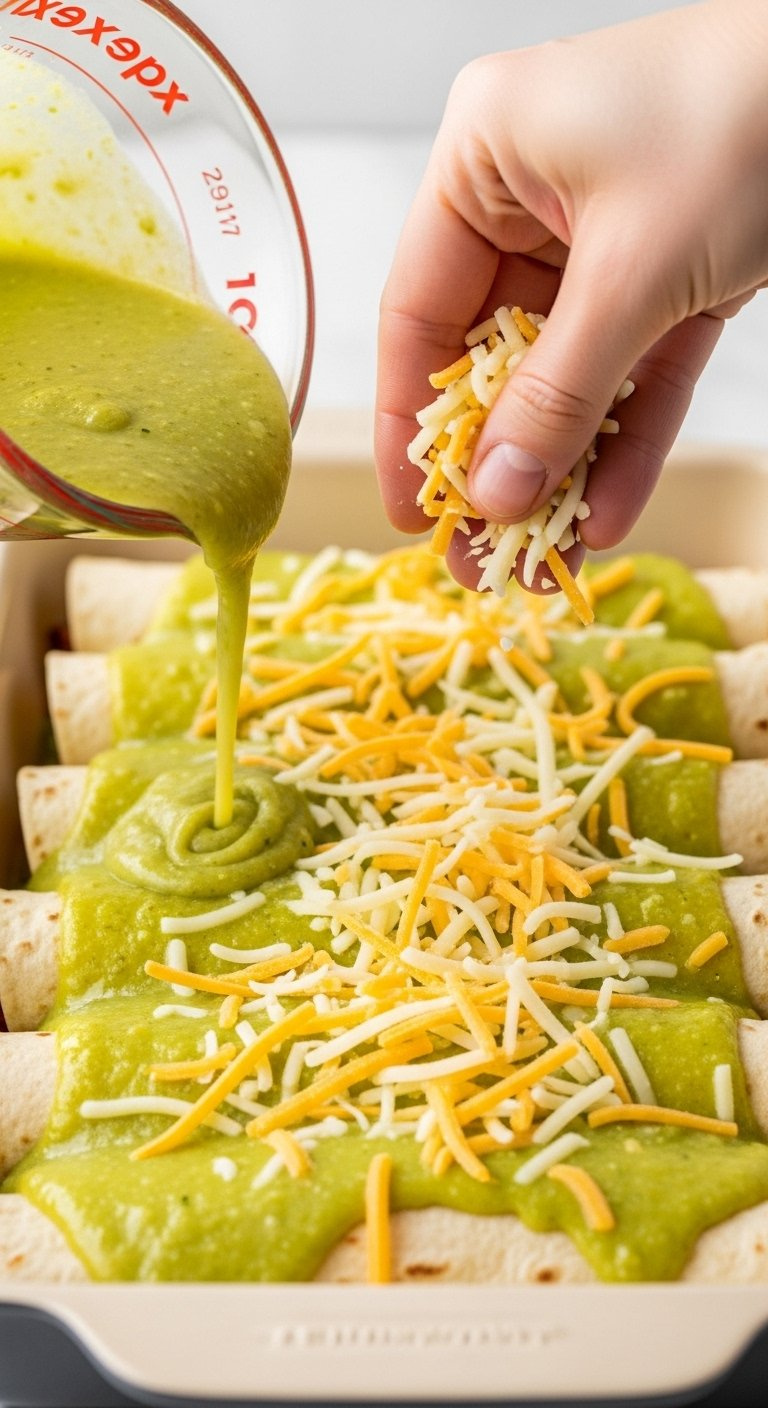 Hand Sprinkling Shredded Mexican Cheese Over Enchiladas Smothered In Vibrant Green Sauce.