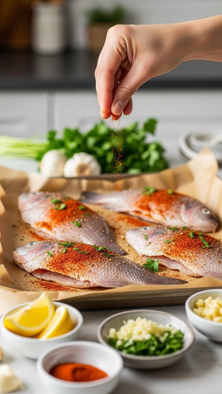 Hand Sprinkling Vibrant Seasoning Blend Onto Tilapia Fillets Arranged On Parchment-Lined Baking Sheet