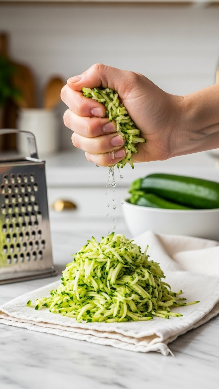 Hand Squeezing Excess Moisture From Freshly Grated Zucchini On Kitchen Towel With Box Grater Nearby