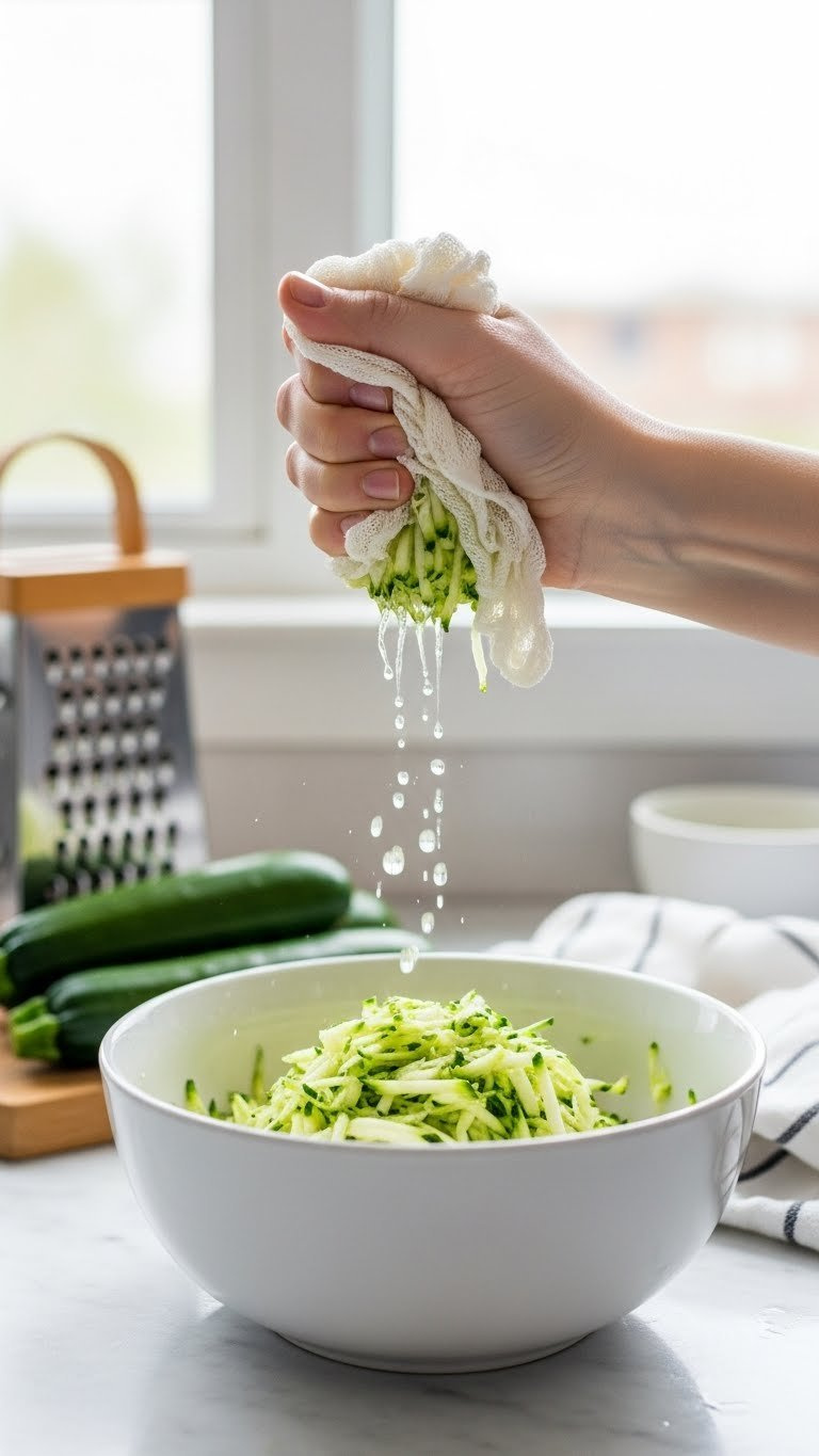 Hand Squeezing Excess Moisture From Freshly Shredded Zucchini In A White Bowl With Cheesecloth, Water Droplets Visible