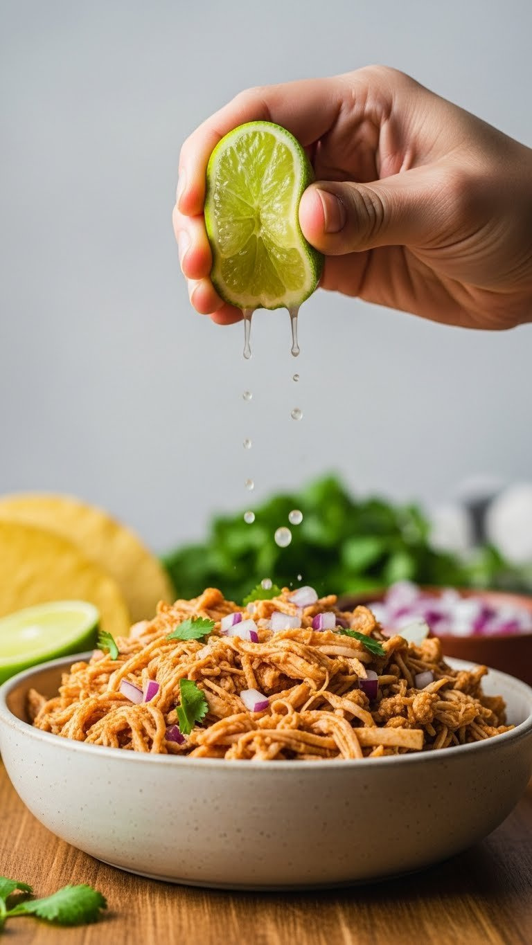 Hand Squeezing Fresh Lime Wedge Over Bowl Of Shredded Chicken Taco Meat With Juice Droplets Visible