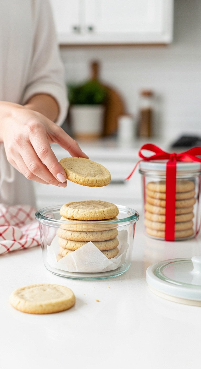 Hand Stacking Keto Shortbread Cookies Into A Clear Airtight Glass Container Lined With Parchment On A White Counter.