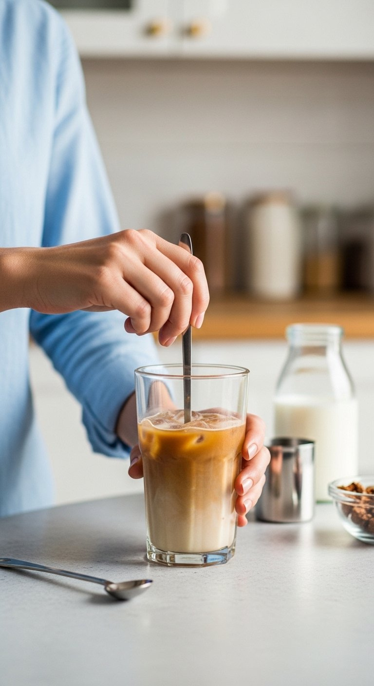 Hand Stirring A Glass Of Watery Iced Coffee With A Spoon On A Light Colored Table.