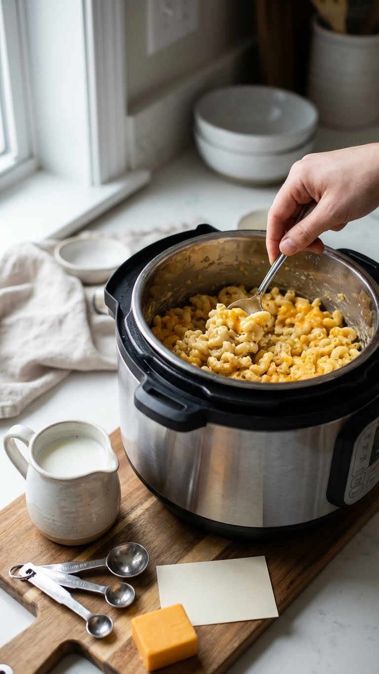 Hand Stirring Dry Instant Pot Mac And Cheese In A Stainless Steel Pot, With Milk Nearby, Demonstrating A Creamy Solution.