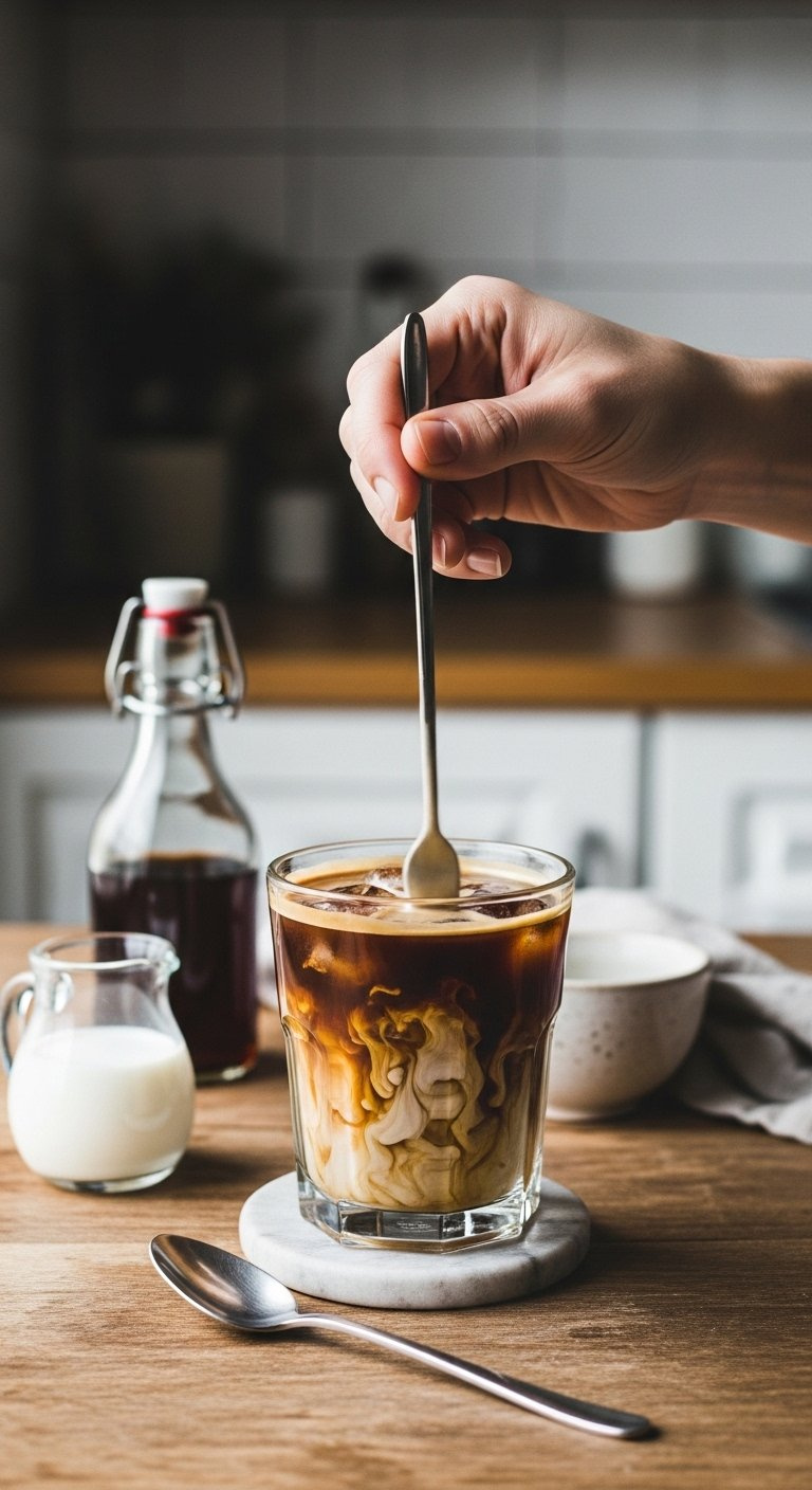 Hand Stirring Iced Coffee In A Clear Glass Creating A Swirling Milk Pattern On A Rustic Wooden Table.