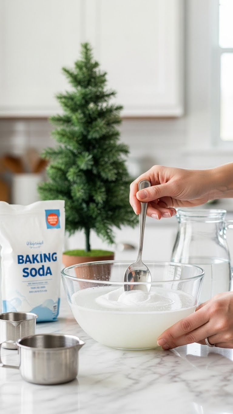 Hand Stirring Supersaturated Baking Soda Solution In Clear Glass Bowl On Marble Countertop For Crystal Christmas Tree Experiment