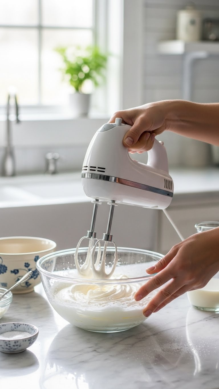 Hand Using Electric Mixer To Whip Fluffy Cream In Glass Bowl Creating Soft Peaks On Marble Countertop With Sugar Crystals