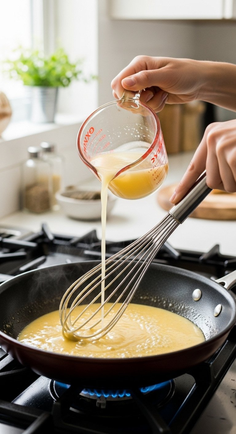 Hand Whisking A Creamy Cowboy Butter Sauce In A Skillet While Pouring Starchy Pasta Water.