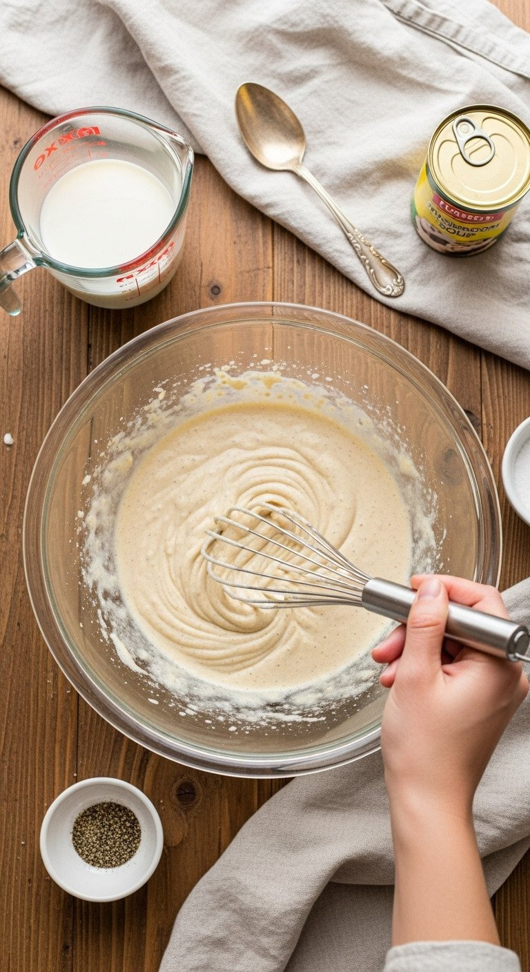 Hand Whisking A Creamy Savory Sauce In A Glass Mixing Bowl On A Rustic Wooden Table For A Homemade Recipe.