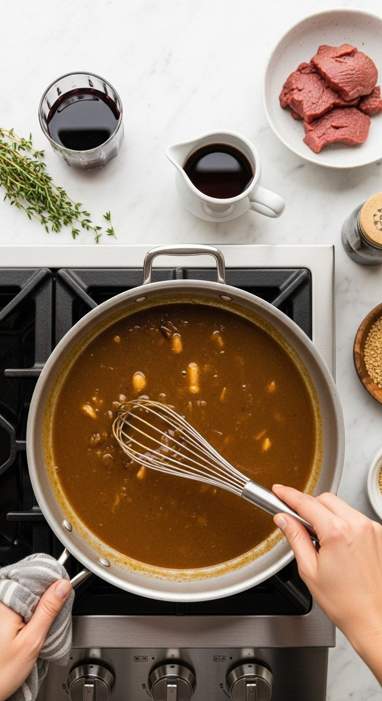 Hand Whisking Rich Brown Pan Gravy With Fond In A Roasting Pan On The Stovetop, Alongside Wine &Amp; Beef Stock.