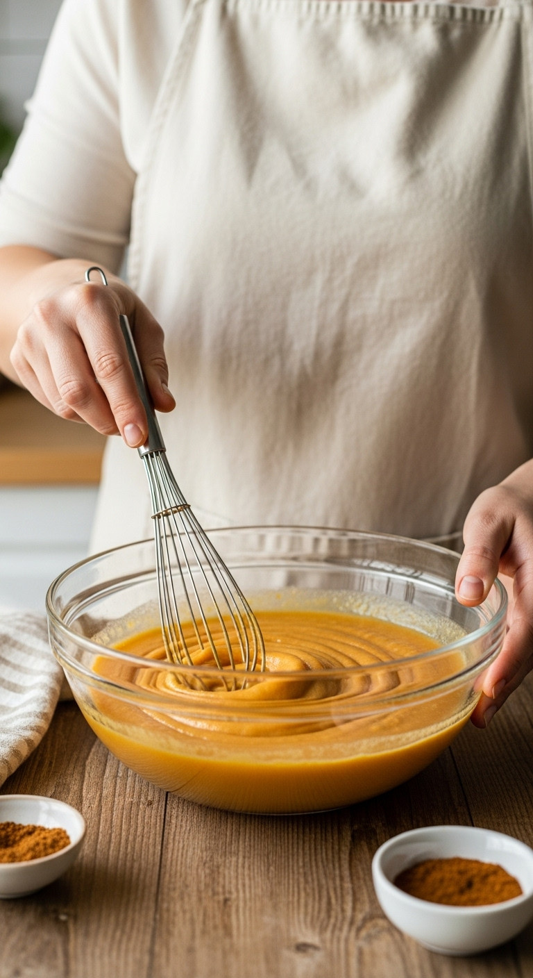 Hand Whisking Smooth Orange Pumpkin Pie Filling In A Glass Bowl, Focusing On Bubble-Free Custard Texture, Recipe Prep.