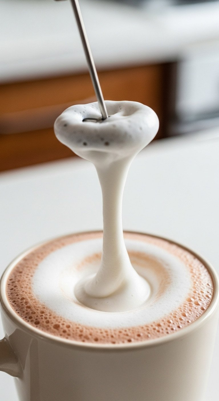 Handheld Milk Frother Creates Foam And Vortex On Creamy Hot Chocolate In A Mug. Essential Final Recipe Step.