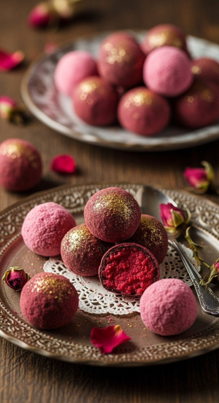 Handmade Ruby Chocolate Truffles With Gold Dust, Pink/Crimson Hues, On Vintage Lace Doily With Silver Spoon. Gourmet Dessert.