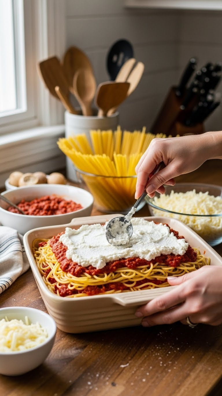 Hands Assembling Layers Of Spaghetti, Meat Sauce, And Cheese Mixture In Rectangular Ceramic Casserole Dish.