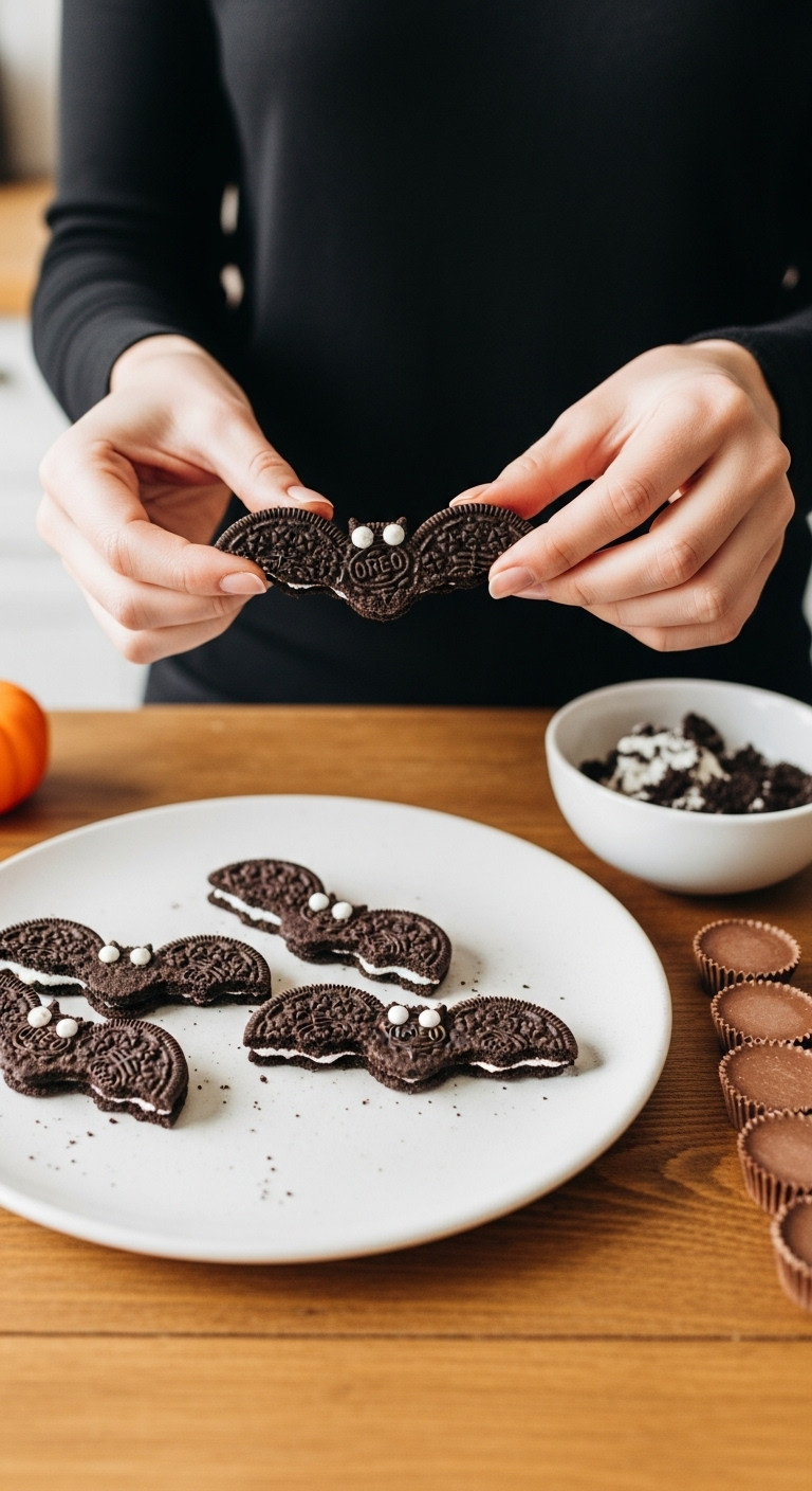 Hands Breaking Oreo Thin Cookie For Bat Wings, With Completed Wings And Reese's Cups On Rustic Wooden Table
