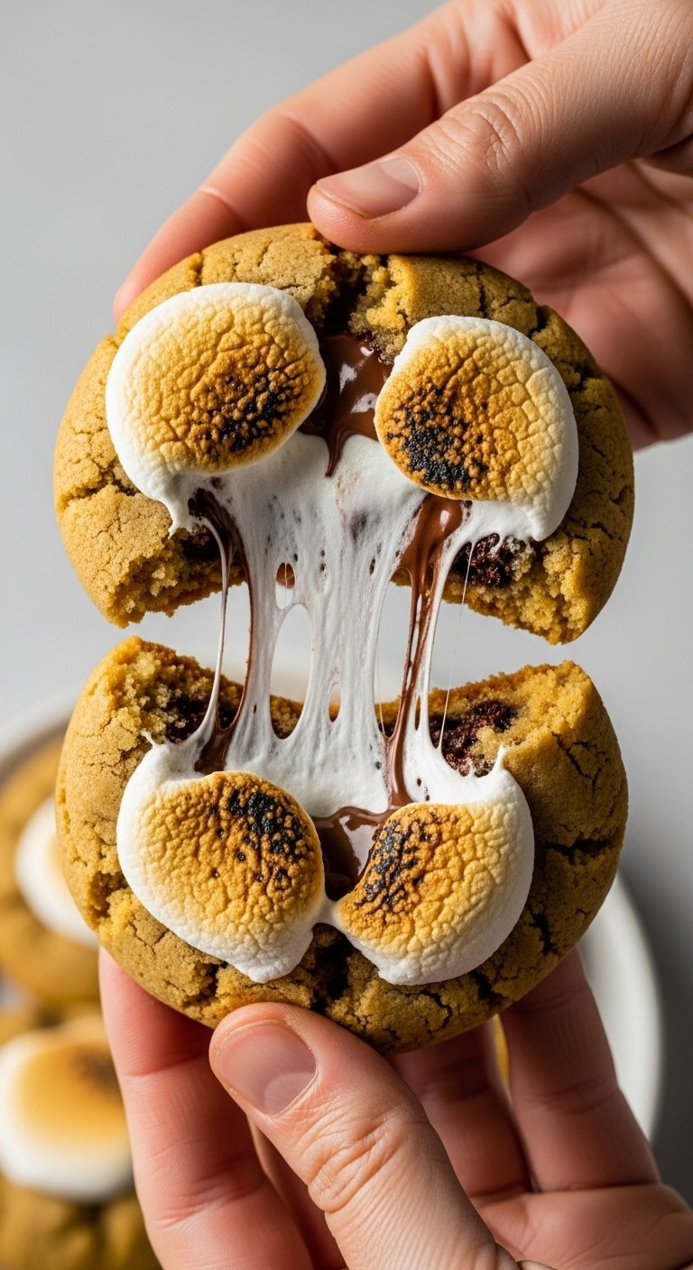 Hands Breaking A Warm S'mores Cookie Apart To Reveal The Gooey Marshmallow And Chocolate Center.
