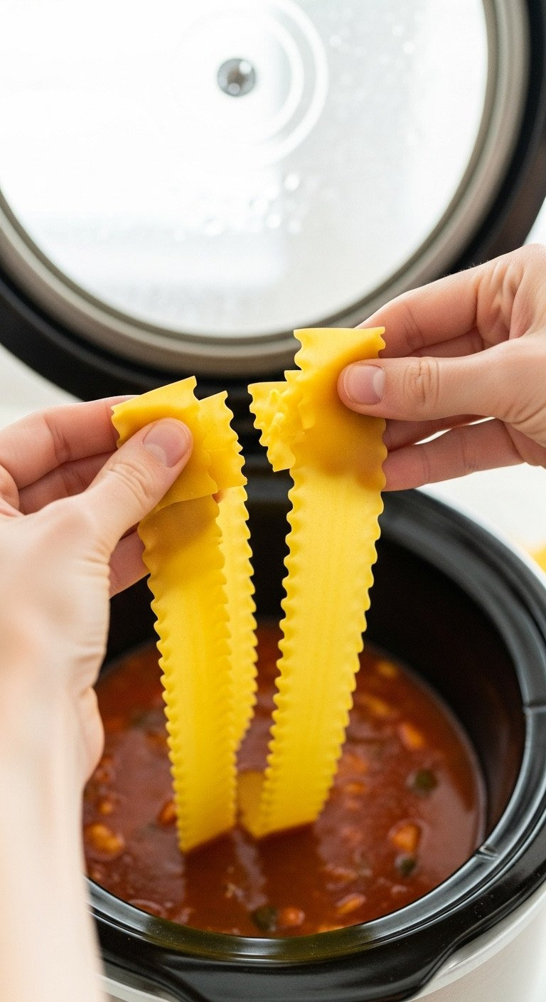 Hands Breaking Dry Wavy-Edged Lasagna Noodles Into Smaller Pieces Over A Slow Cooker Filled With Simmering Red Soup.