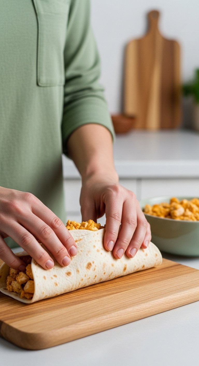 Hands Carefully Folding A Large Flour Tortilla Filled With Cheesy Chicken Mixture On A Wooden Cutting Board.