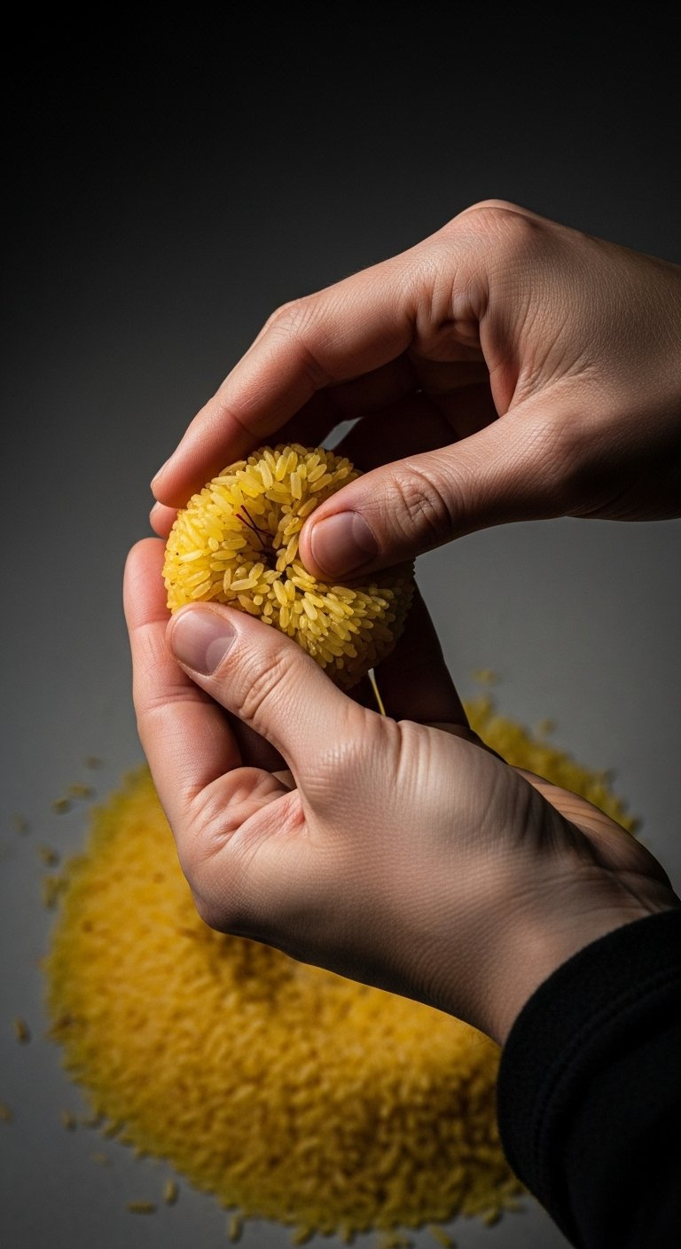 Hands Carefully Shape And Cup A Portion Of Saffron Rice Mixture On A Dark Neutral Background.