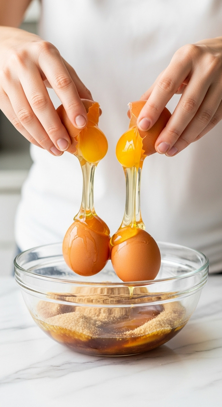 Hands Cracking Three Farm-Fresh Brown Eggs Into A Glass Bowl With Caramel Sugar Syrup Mixture On A Marble Counter For Baking.