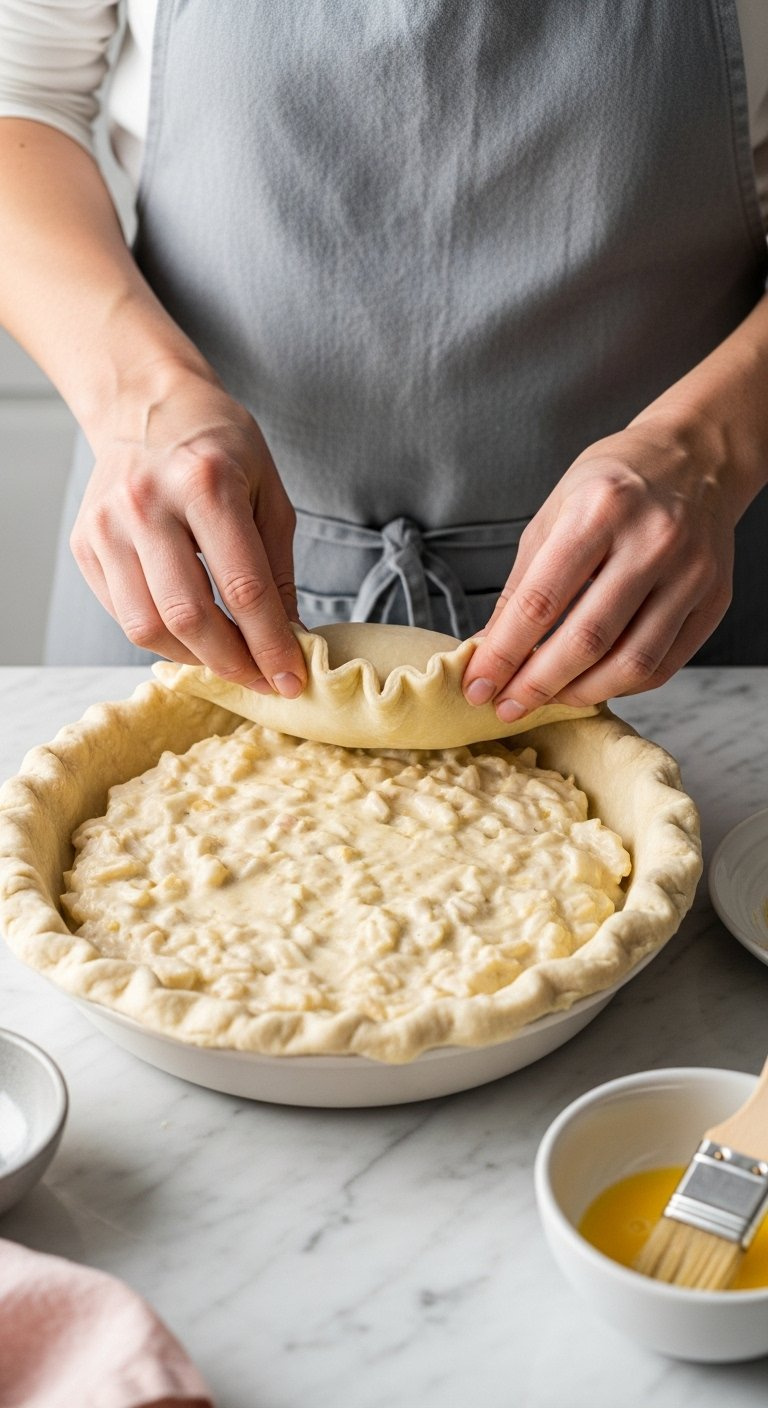 Hands Crimping The Edges Of A Double Crust Chicken Pot Pie On A Marble Countertop.