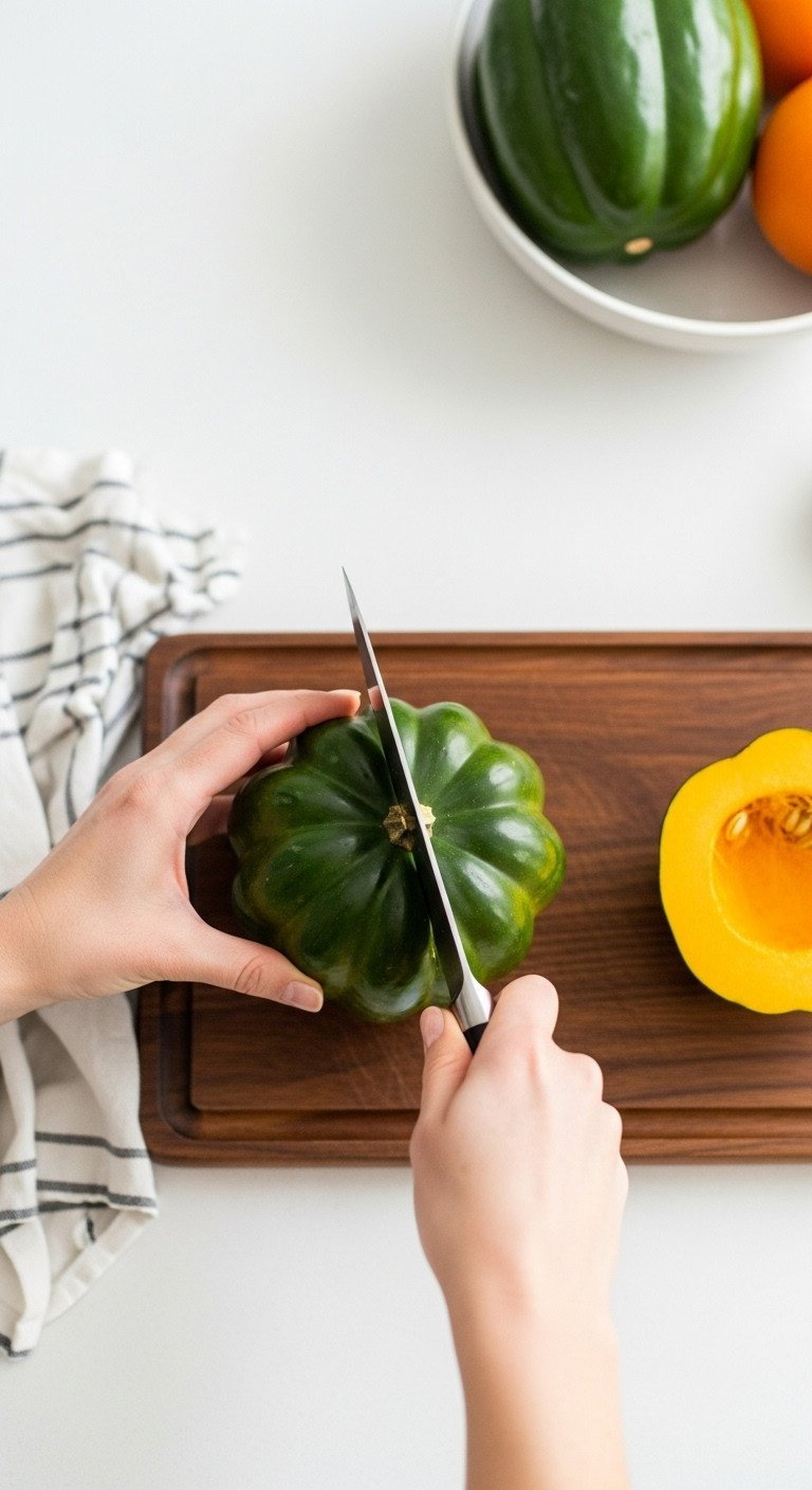Hands Cutting A Green Acorn Squash With A Chef's Knife On A Dark Wood Cutting Board In A Bright, Clean Kitchen Setting.