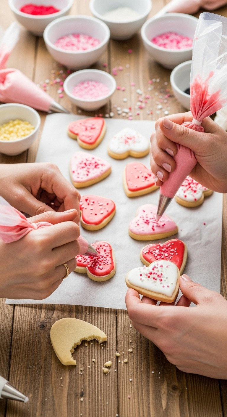 Hands Decorating Heart-Shaped Sugar Cookies With Pink, White, Red Royal Icing And Sprinkles On A Rustic Wooden Table.